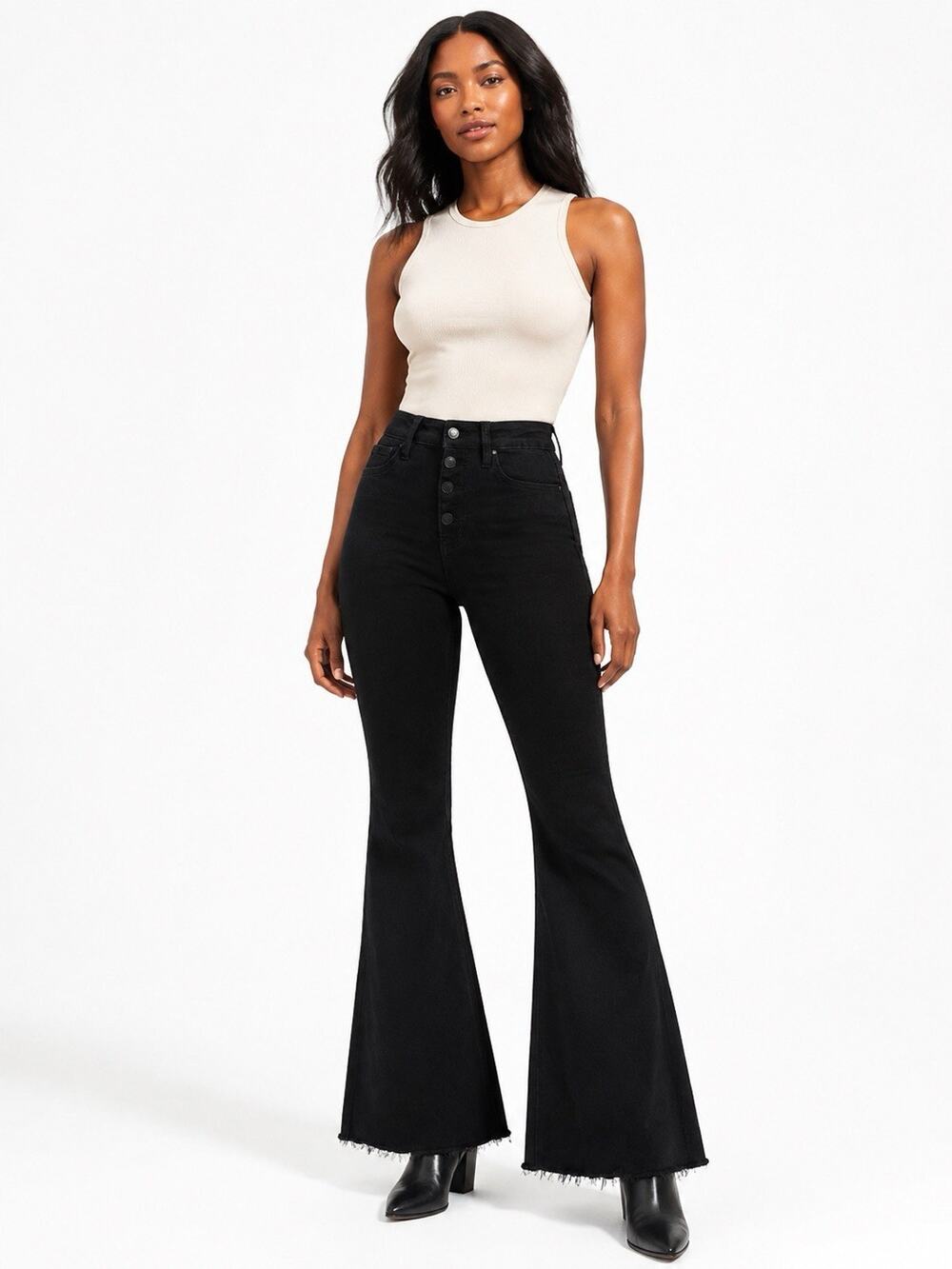 Vervet Jeans Women’s 25 Black High Rise Button Fly Raw Hem Flare V2664